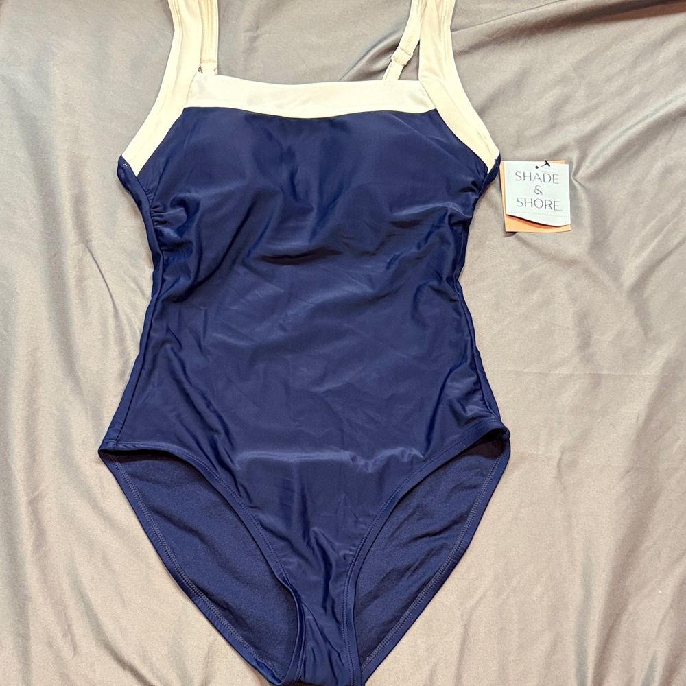 Shade & Shore‎ Elegant Navy/Ivory Contrast Binding One-Piece Swimsuit NWT